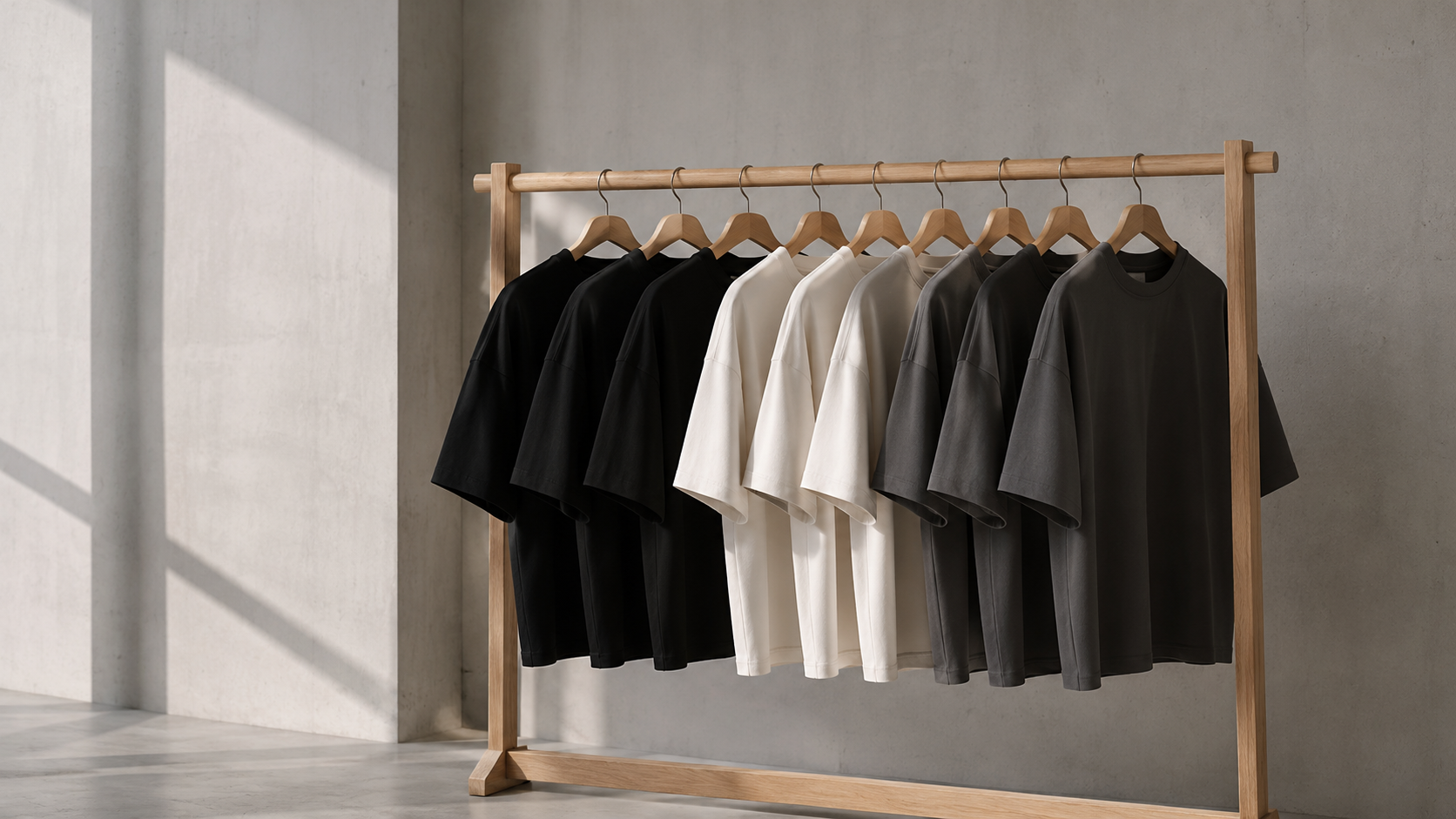 Neutral-coloured T-shirts on a wooden garment rail