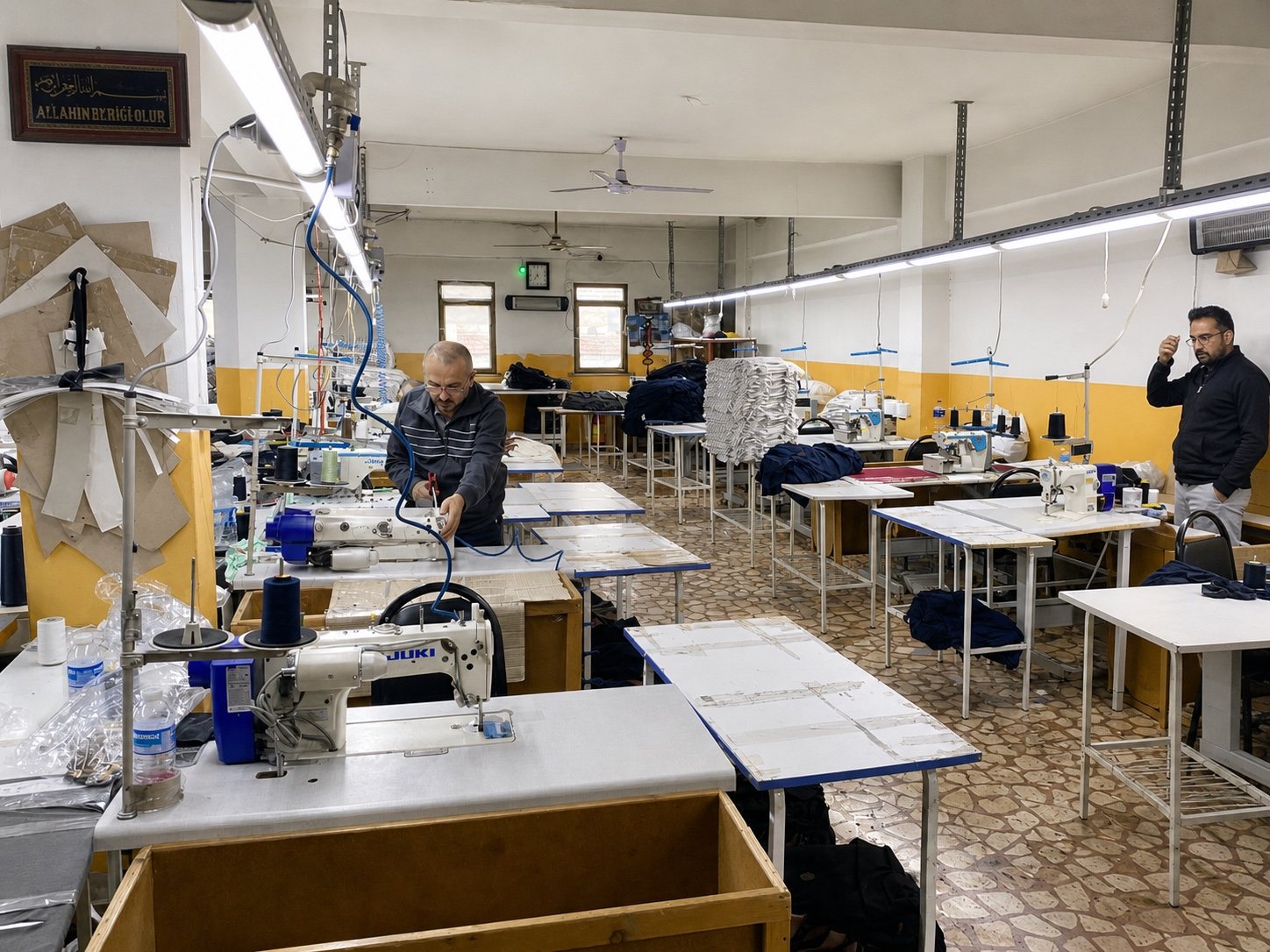 Garment production workshop with sewing machines